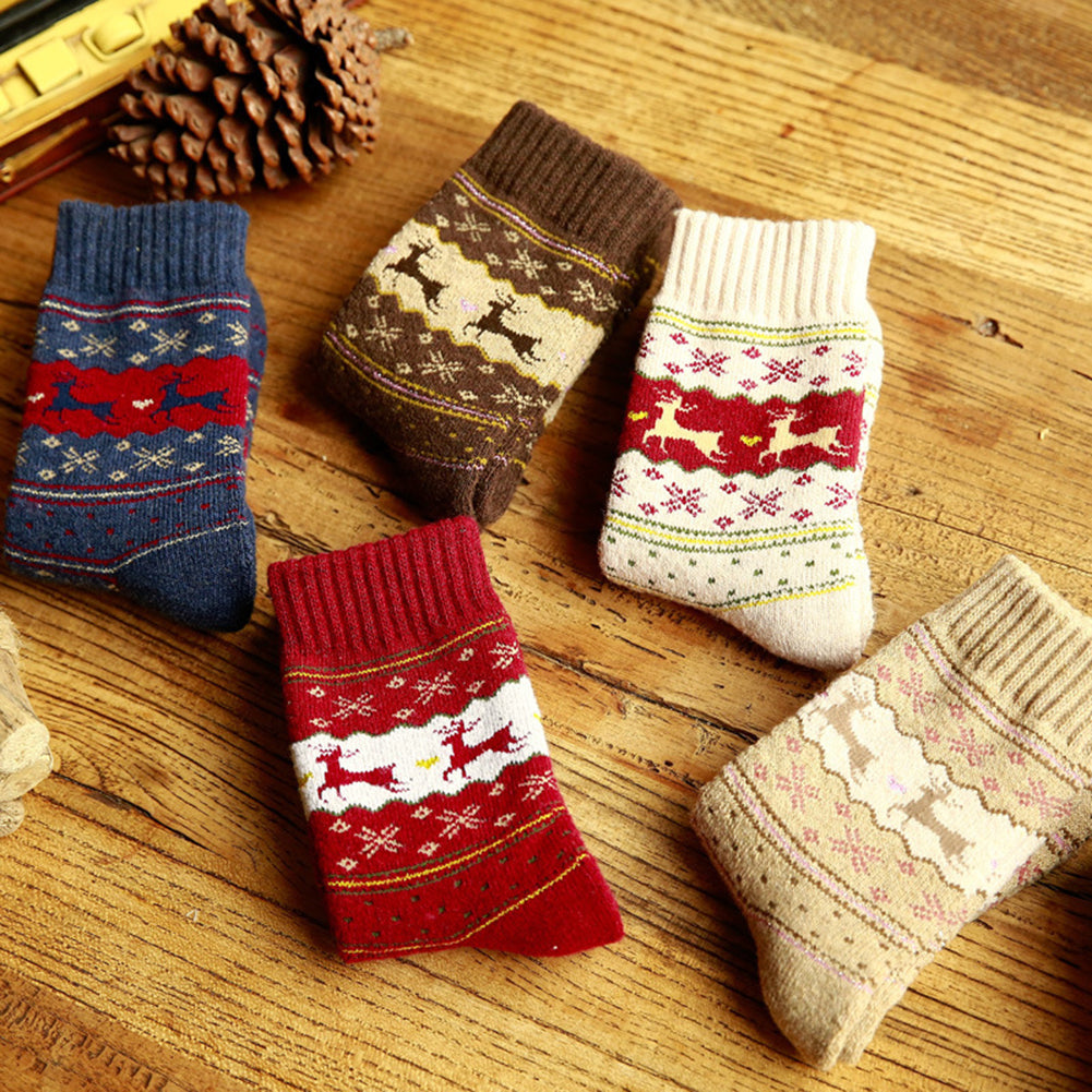 5 Paar Wollsocken warme Wintersocken mit Weinachtsmotiven